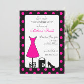 Black Pink Polka Dots Girls Night Out Rosa Kleid Einladung (Stehend Vorderseite)