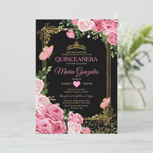 Black Pink Quinceañera Crown Butterfly 15 Anos Einladung (Stehend Vorderseite)