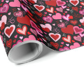 Black Pink Red Hearts Love Pattern Geschenkpapier (Rolleneckpunkt)