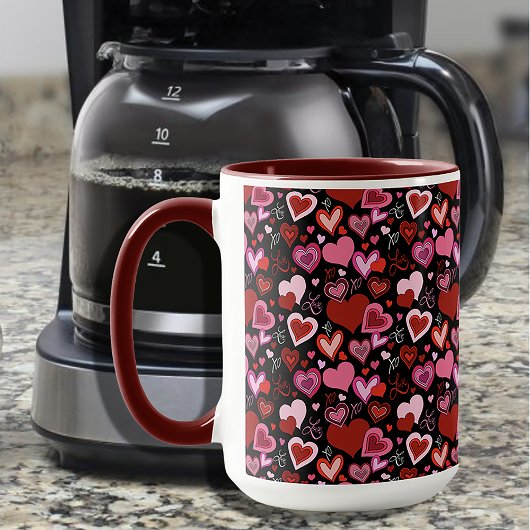 Black Pink Red Hearts Love Pattern Tasse