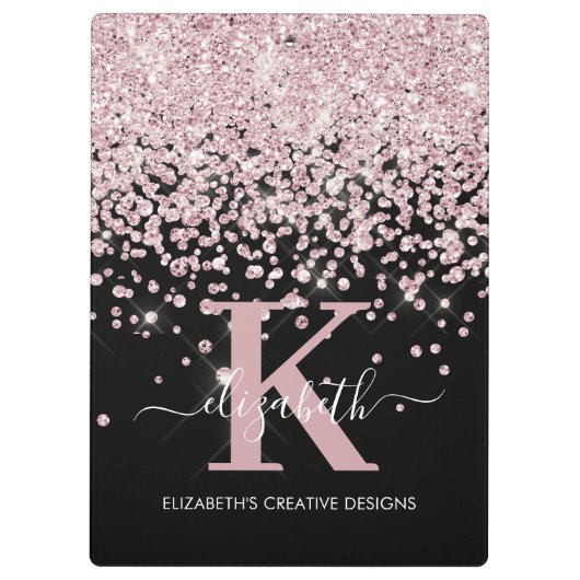 Black Pink Rose Gold Diamond Glitzer Mit Monogramm Klemmbrett (Rückseite)