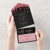 Black & Pink Rose Gold Glitzer Tropfen Hochzeit All In One Einladung (Abreißen)
