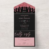 Black & Pink Rose Gold Glitzer Tropfen Hochzeit All In One Einladung (Innen Boden)