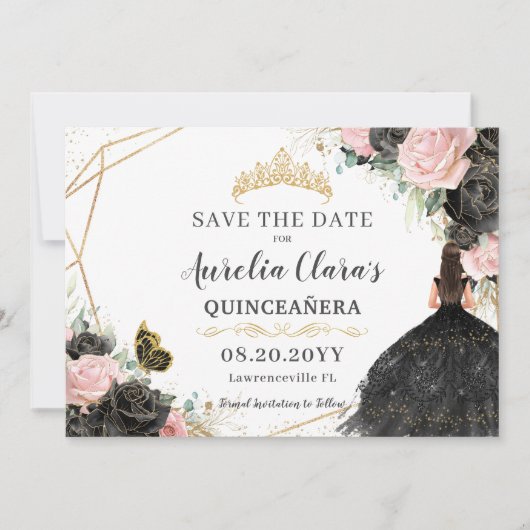 Black Pink Roses Floral Quinceanera 16 . Geburtsta Save The Date (Vorderseite)
