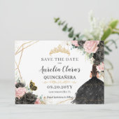 Black Pink Roses Floral Quinceanera 16 . Geburtsta Save The Date (Stehend Vorderseite)