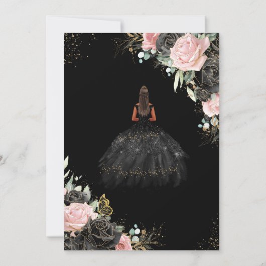 Black Pink Roses Floral Tan Princess 16 . Geburtst Einladung (Rückseite)