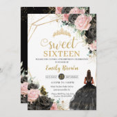 Black Pink Roses Floral Tan Princess 16 . Geburtst Einladung (Vorne/Hinten)