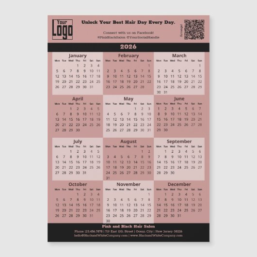 Black Pink Salon Logo QR-code 2026 Calendar Magnet (Vorderseite)