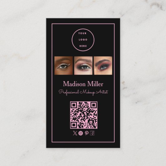 Black Pink Script Logo QR Code Photo Makeup Visitenkarte (Vorderseite)