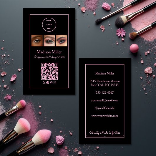 Black Pink Script Logo QR Code Photo Makeup Visitenkarte