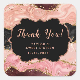 Black Pink Sequins Agate 16 . Geburtstag Danke Quadratischer Aufkleber