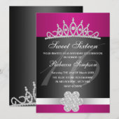 Black & Pink Sparkle Tiara Einladung zum Geburtsta (Vorne/Hinten)