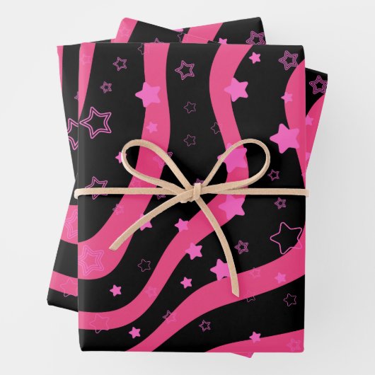 Black &Pink Stars On Lines Elegant Feminine Design Geschenkpapier Set (Beispiel)