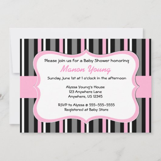Black Pink Stripe Baby oder Bridal Dusche Einladun Einladung (Vorderseite)