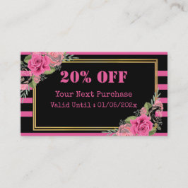 Black Pink Stripes Floral QR Code Discount Card Rabattkarte