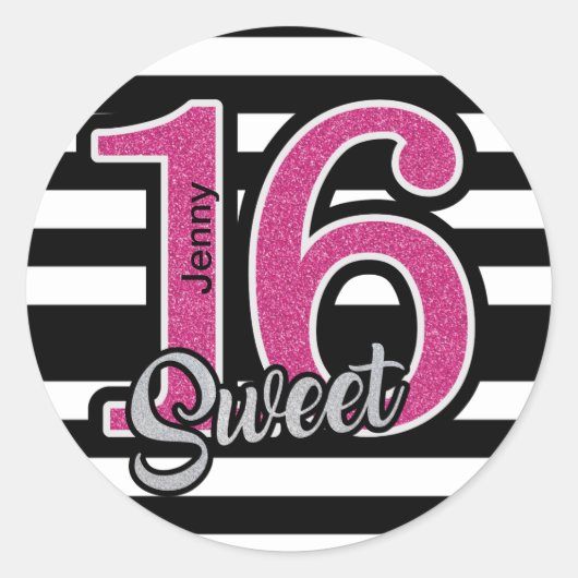 Black Pink Sweet 16 Personalisiert Runder Aufkleber (Vorderseite)