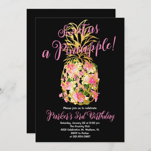 Black Pink Sweet a Pineapa Birthday Party Einladung (Vorne/Hinten)