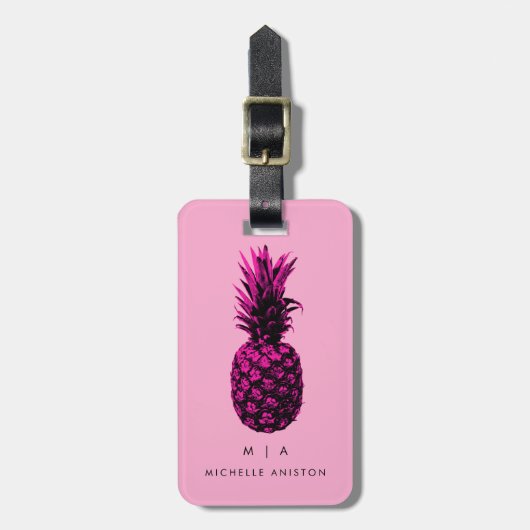 Black Pink Trendy Ananas | Monogramm Custom Gepäckanhänger (Vorderseite vertikal)