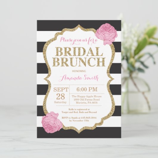 Black Pink und Gold Bridal Brunch Einladung (Stehend Vorderseite)