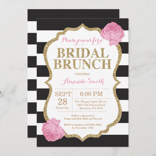 Black Pink und Gold Bridal Brunch Einladung (Vorne/Hinten)