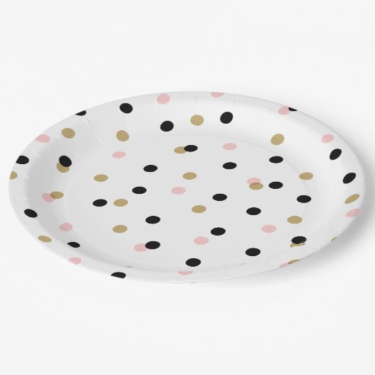 Black Pink und Gold Confetti Punkte Pappteller (Schrägansicht)
