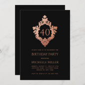 Black Pink Wappen Elegant Vintag 40. Geburtstag Einladung (Vorne/Hinten)