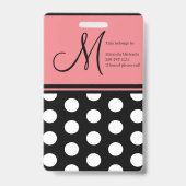Black Pink White Polka Dots Monogram Script Ausweis (Back)