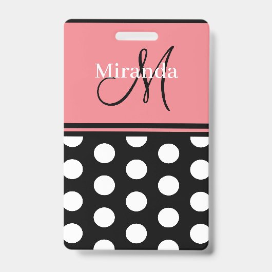 Black Pink White Polka Dots Monogram Script Ausweis (Front)