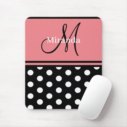 Black Pink White Polka Dots Monogram Script Mousepad (Mit Mouse)