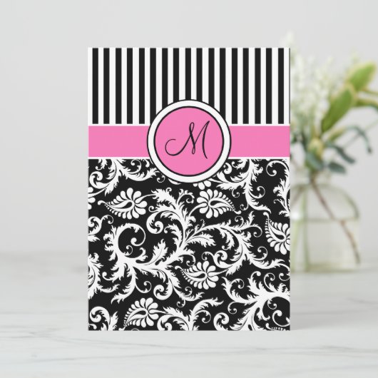 Black Pink White Striped Damask Wedite Einladung (Stehend Vorderseite)
