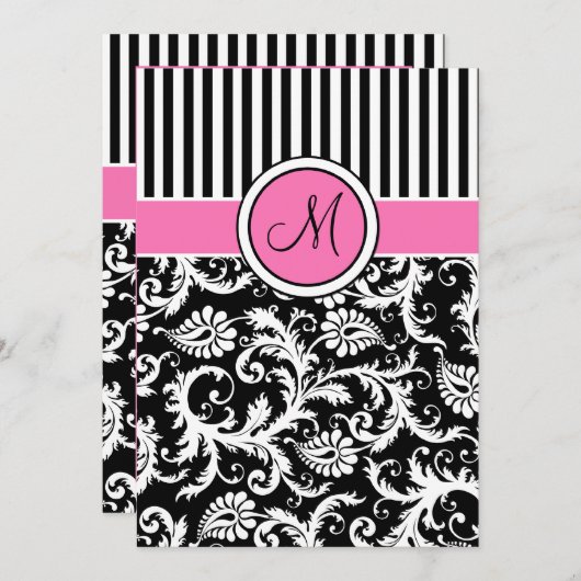 Black Pink White Striped Damask Wedite Einladung (Vorne/Hinten)