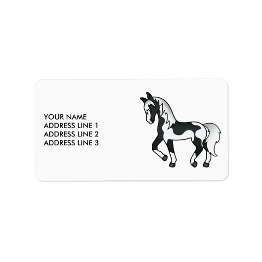 Black Pinto Cartoon Trotting Horting & Custom Text Adressaufkleber (Vorne)
