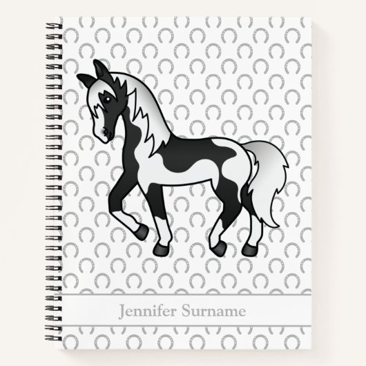 Black Pinto Cartoon Trotting Horting & Custom Text Notizblock (Vorderseite)