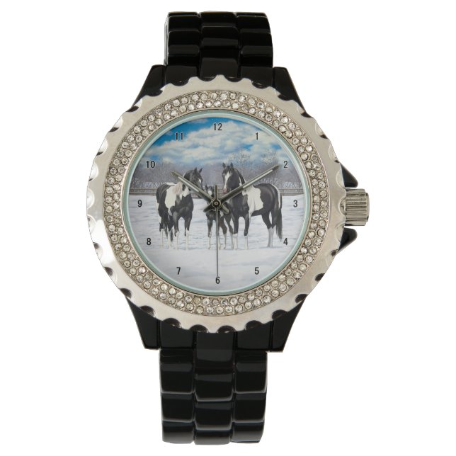 Black Pinto Quarter Pferde Paint Pferde im Schnee Armbanduhr (Vorderseite)