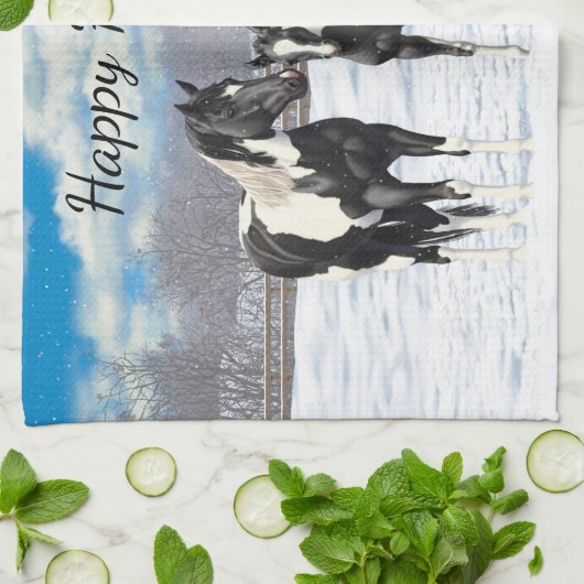 Black Pinto Quarter Pferde Paint Pferde im Schnee Geschirrtuch (Gefaltet)