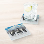 Black Pinto Quarter Pferde Paint Pferde im Schnee Glasuntersetzer (Schrägansicht)