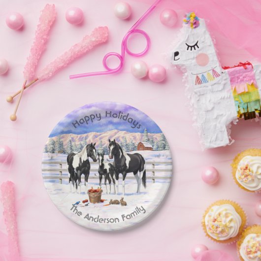 Black Pinto Quarter Pferde Paint Pferde im Schnee Pappteller (Party)