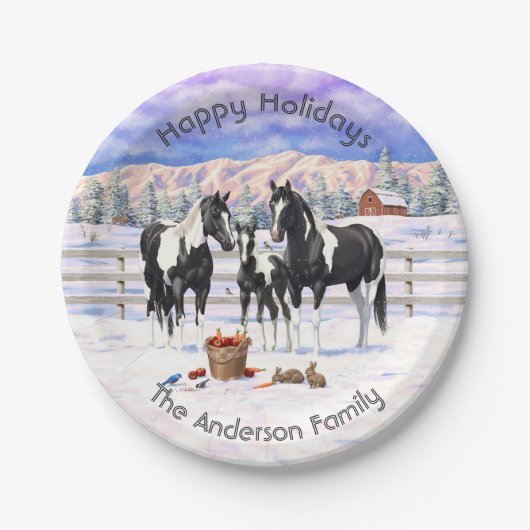 Black Pinto Quarter Pferde Paint Pferde im Schnee Pappteller (Vorderseite)