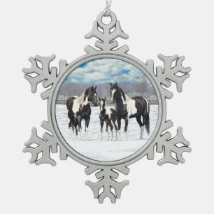 Black Pinto Quarter Pferde Paint Pferde im Schnee Schneeflocken Zinn-Ornament