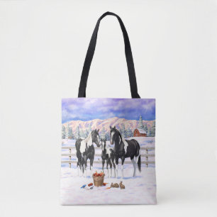 Black Pinto Quarter Pferde Paint Pferde im Schnee Tasche