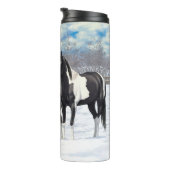 Black Pinto Quarter Pferde Paint Pferde im Schnee Thermosbecher (Nach rechts gedreht)