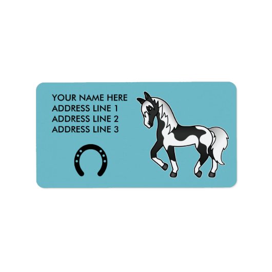 Black Pinto Trotting Cartoon Horse Adressaufkleber (Vorne)