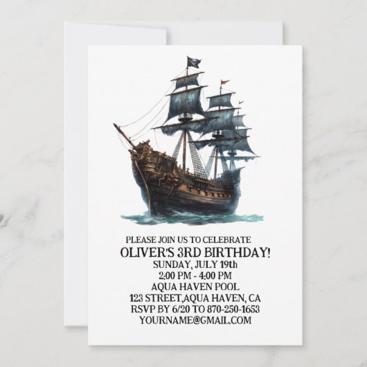 Black Pirate Ship Birthday Einladung (Vorderseite)