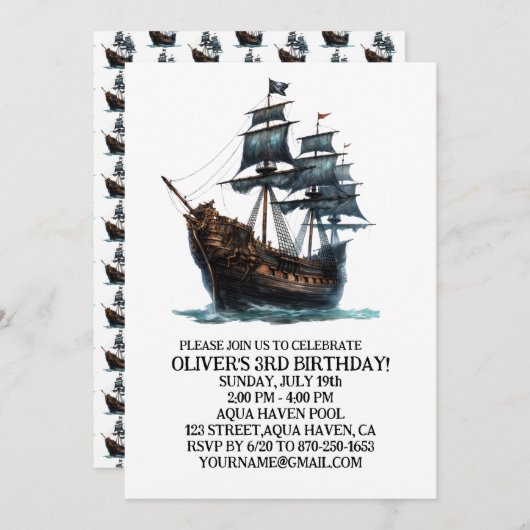 Black Pirate Ship Birthday Einladung (Vorne/Hinten)