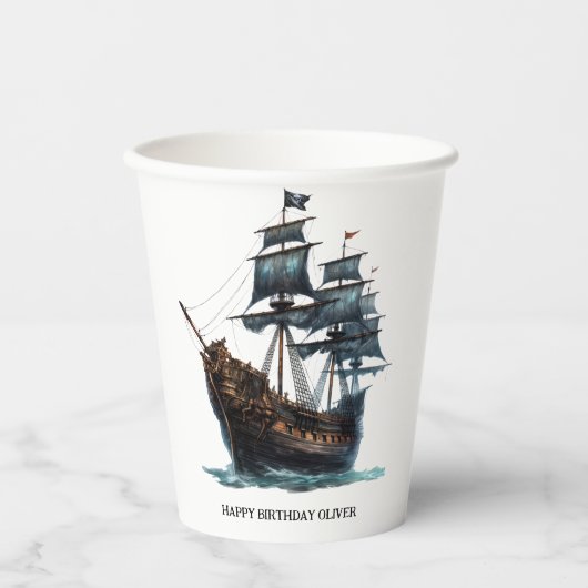 Black Pirate Ship Birthday Pappbecher (Vorderseite)