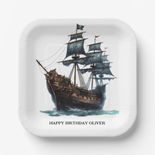 Black Pirate Ship Birthday Pappteller (Vorderseite)