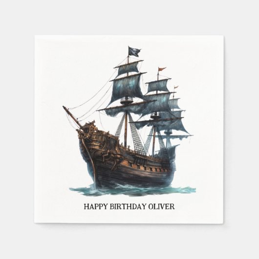 Black Pirate Ship Birthday Serviette (Vorderseite)