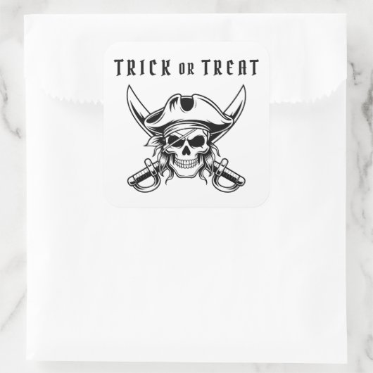 Black Pirate Skull Trick Or Treat Halloween Quadratischer Aufkleber (Tasche)