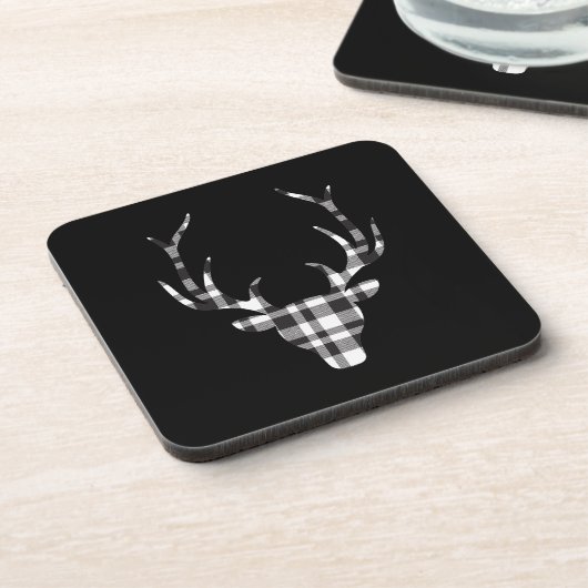 Black Plaid Check Deer Christmas Getränkeuntersetzer (Linke Seite)