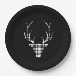 Black Plaid Check Deer Christmas Paper Plates Pappteller